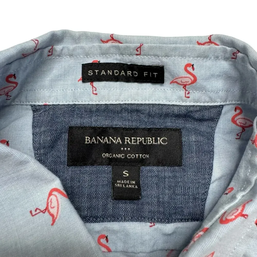 BANANA REPUBLIC Flamingo Print Blue Standard Fit Organic Cotton Shirt Small Mens